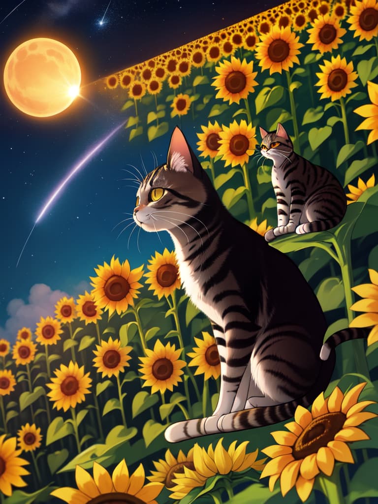  1cat，small cat ，sit and look up，sunflower flower facing upward ，sunflower field ，shooting star ，（（low angle）），midnight，night，