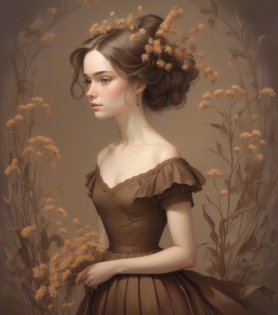  portrait, beautiful young woman wearing brown dress, dry flowers, by daniel merriam, abigail larson.