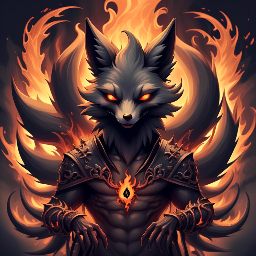  macabre style draw an anthropomorphic nine tailed fox and a black flame burns behind it . dark, gothic, grim, haunting, highly detailed