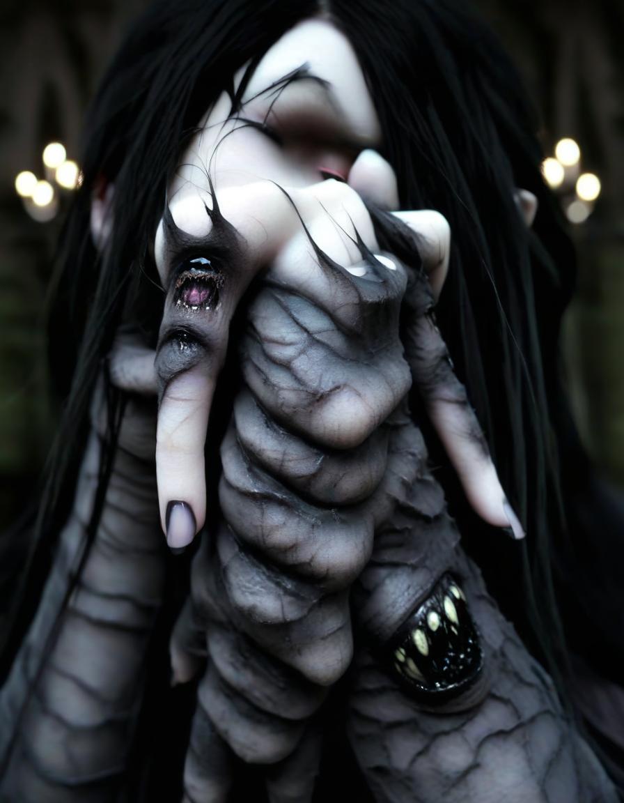  macabre style black hair. . dark, gothic, grim, haunting, highly detailed, perfecteyes, perfect hands