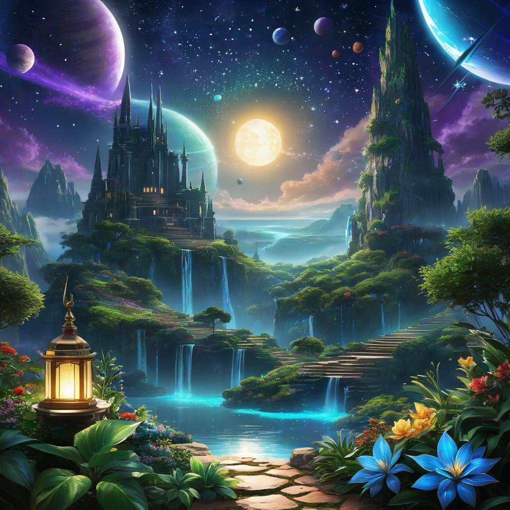  domain where the fallen wizards ly down to rest, with lots of cool lights and plantes in the background, clocks in the planets, with water as ground, stars in the sky