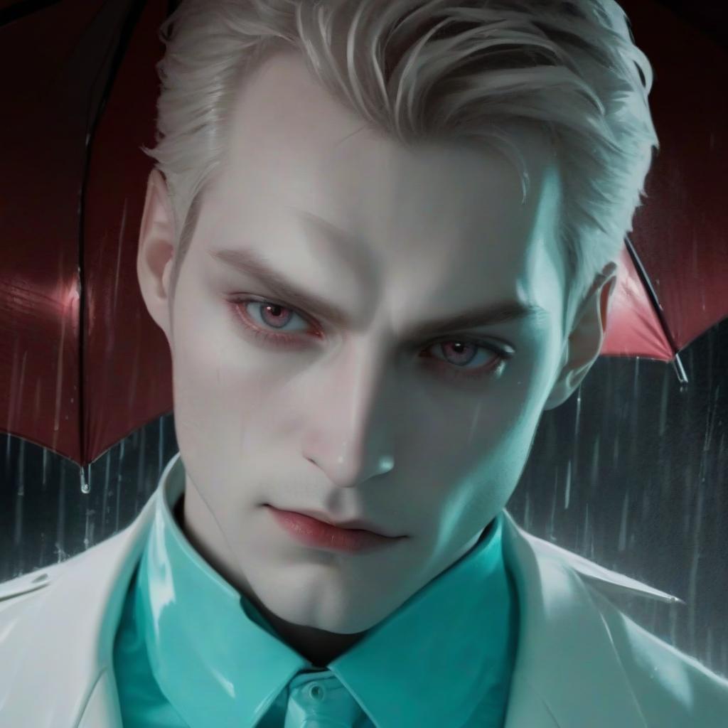  breathtaking evil man. vampire. pale skin. dangerous sharp features. dangerous look. beautiful eyes. in a white jacket. under a red umbrella. rain . award winning, professional, highly detailed