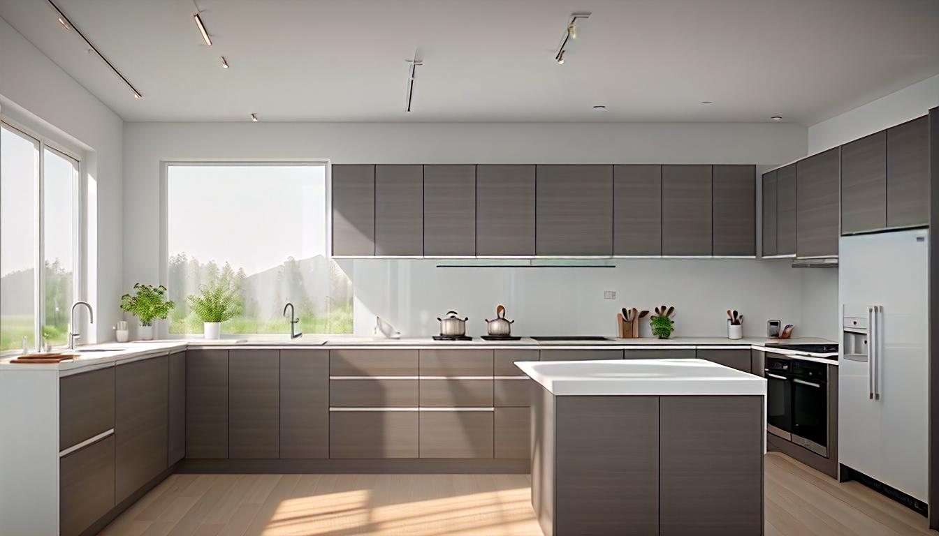  A modern and stylish kitchen interior designed by TuRum, featuring minimalist design with a combination of light and neutral colors (white, gray, wooden tones) and sleek black accents. The kitchen includes built-in appliances like an oven, microwave, and dishwasher, with spacious cabinets and pull-out systems for optimal storage. The countertops are made of high-quality materials, and the layout is either straight or L-shaped to fit small spaces. Additional elements include bottle holders, organizers, railings, and hidden hoods. The overall look is clean, functional, and elegant, with a focus on practicality and ease of maintenance. hyperrealistic, full body, detailed clothing, highly detailed, cinematic lighting, stunningly beautiful, intricate, sharp focus, f/1. 8, 85mm, (centered image composition), (professionally color graded), ((bright soft diffused light)), volumetric fog, trending on instagram, trending on tumblr, HDR 4K, 8K