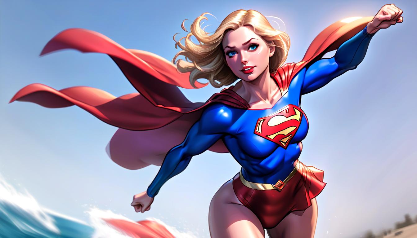  dynamic supergirl in an open swimsuit flies with her arm outstretched forward