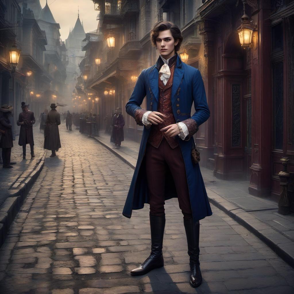  role playing game (rpg) style fantasy young man aristocrat on the street of the city in the late 19th century . detailed, vibrant, immersive, reminiscent of high fantasy rpg games, hkmagic