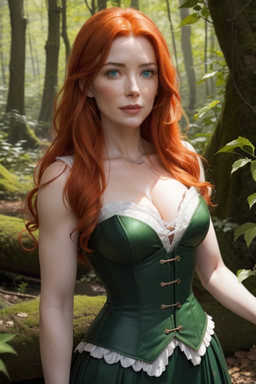  Bridget Regan with straight orange hair, ((green eyes)), green corset, ivy leaves, leaves in hair, hippie, in the woods picking flowers