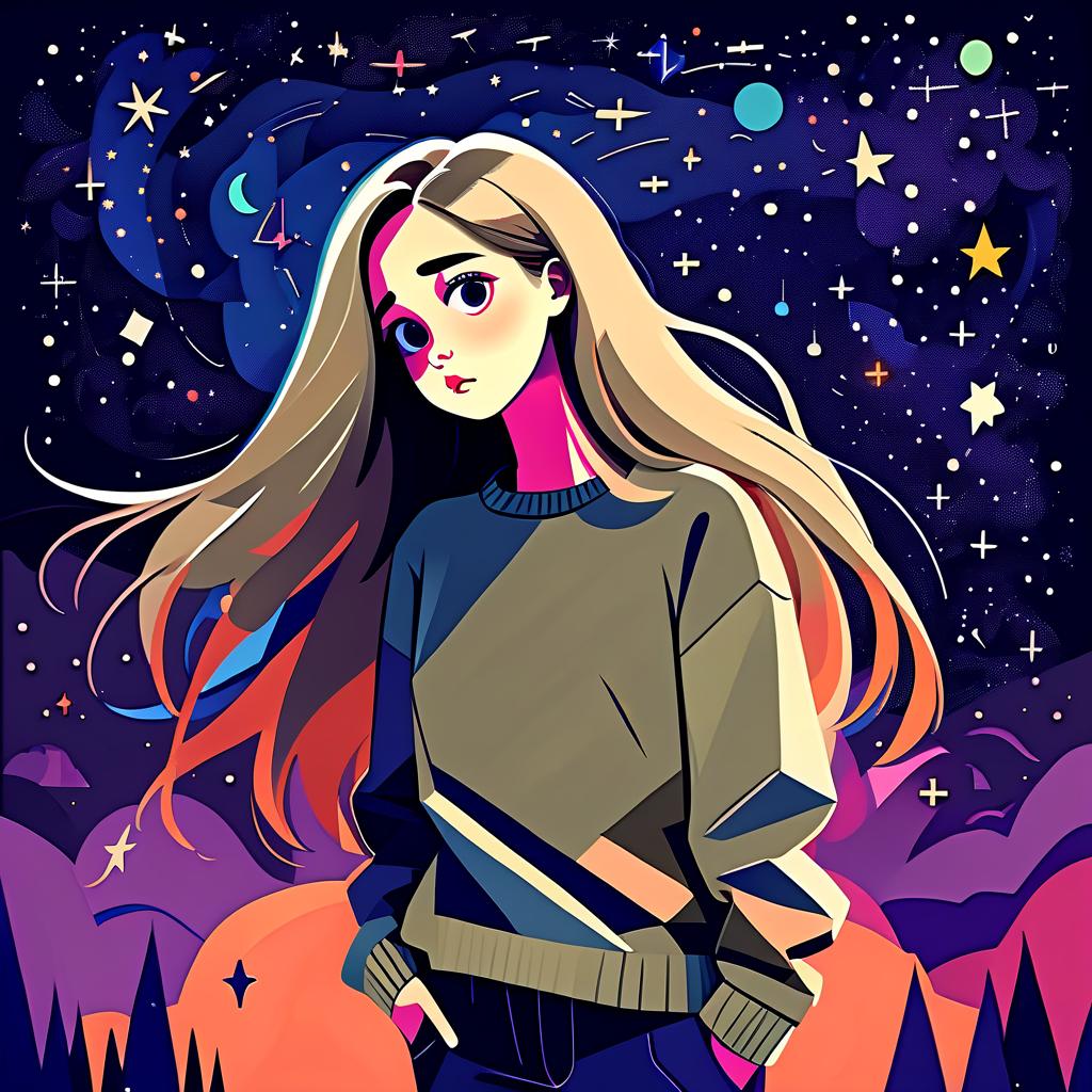  constructivist style the girl with long hair is wearing a khaki sweater and pants. the girl looks at the starry sky at night in hope, fear of the unknown and curiosity and pulls her hand to the night sky. . geometric shapes, bold colors, dynamic composition, propaganda art style