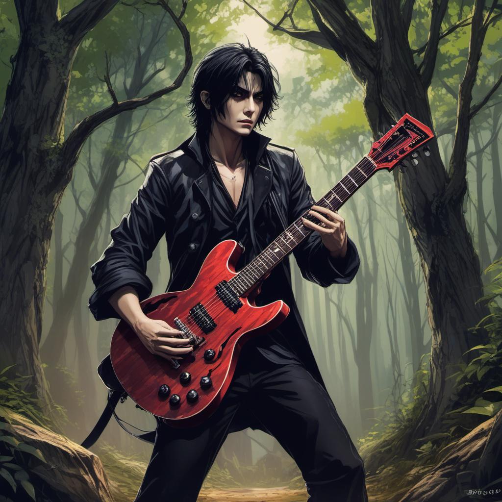  un vampire guitare hero dans une forêt hantée , comic style, manga and manhwa style, painting style