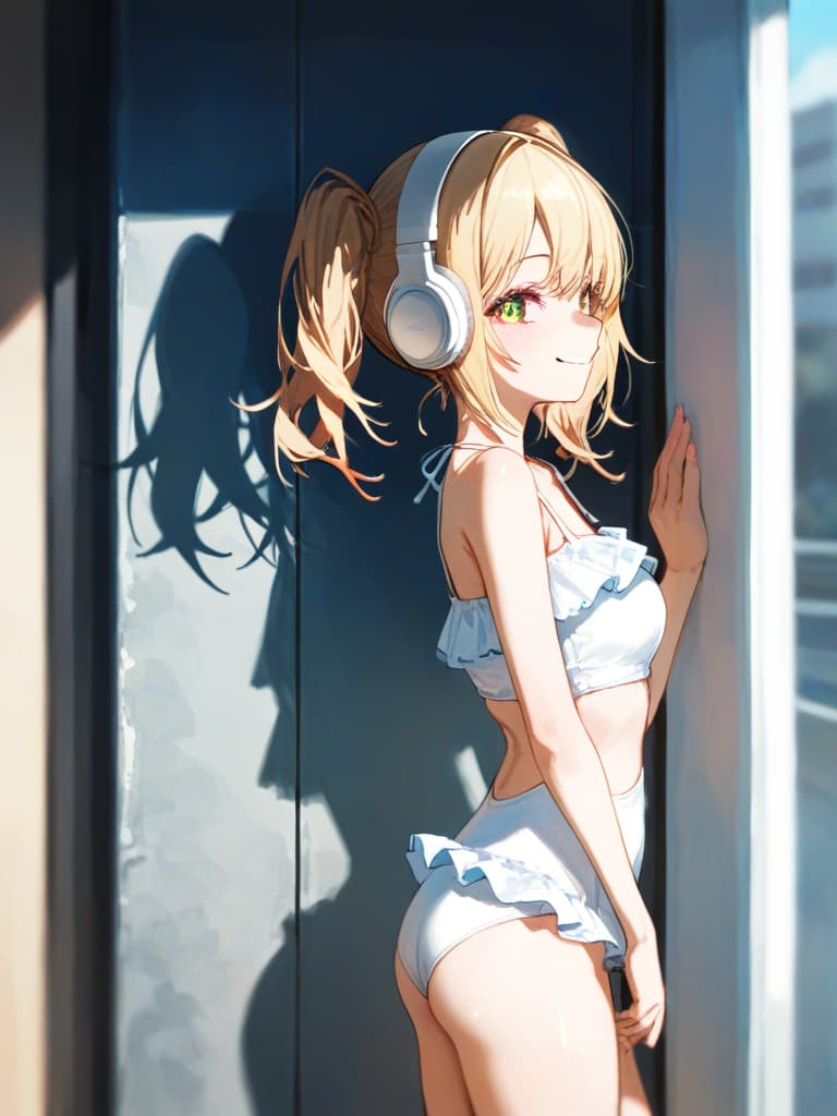  white headphones, poses that show your back, poses on the wall, blonde twin tails, white swimwear, legs, frill paleo, smile s, whole body, ocks, , headphones, headphones, masterpiece, best quality,8k,ultra detailed,high resolution,an extremely delicate and beautiful,hyper detail