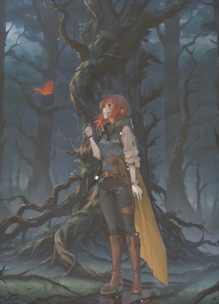  anime artwork the girl stands sideways against the background of a dark forest. she is wearing a raincoat, a shirt, dark trousers and high leather boots. there are straps on the belt and a small leather bag. red hair is visible from under the hood. . anime style, key visual, vibrant, studio anime, highly detailed