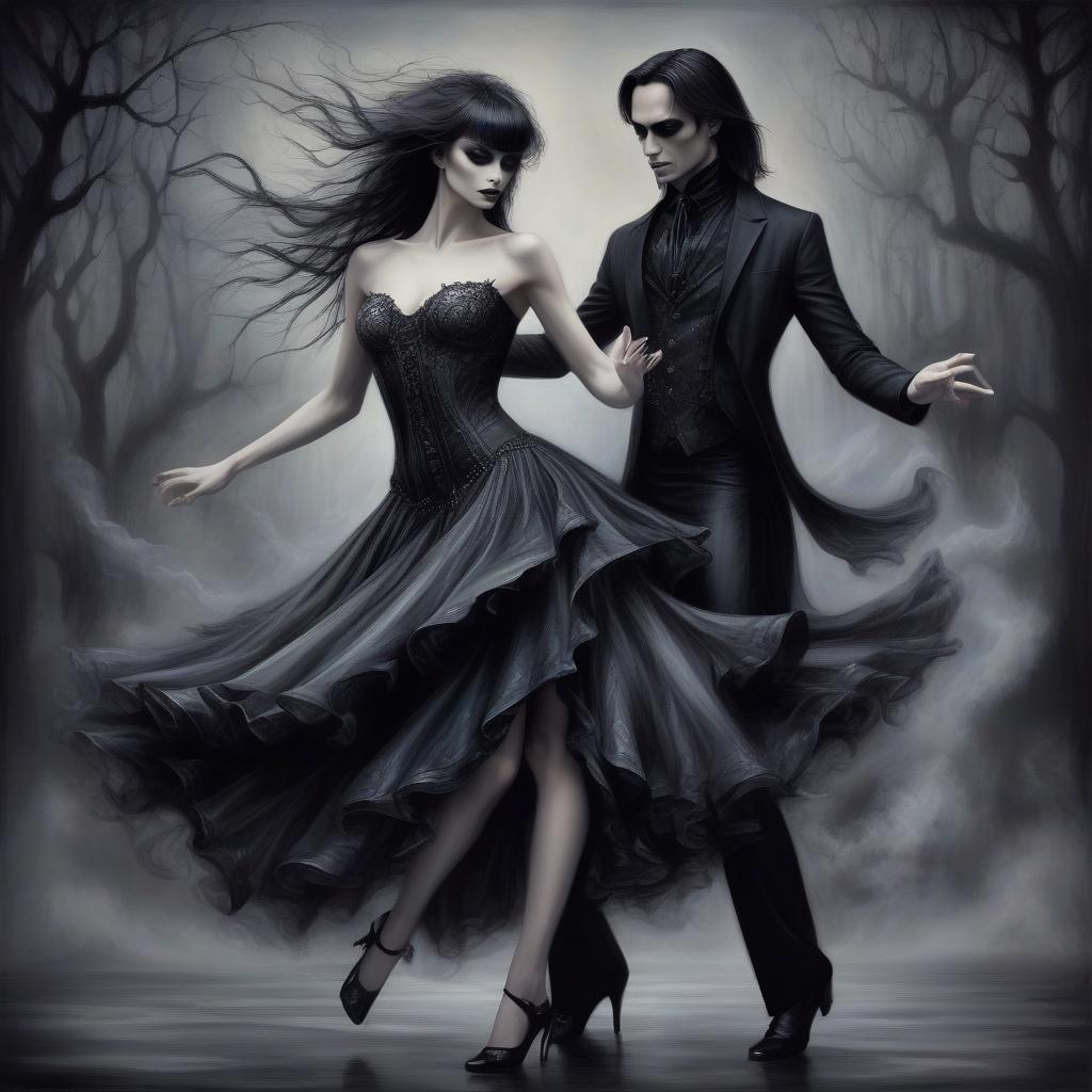  style tara donovan, eccentric, dark fantasy, a couple of irresistible beauty dancing rumba, stile dark fantasy v3, painted in gloomy gothic art