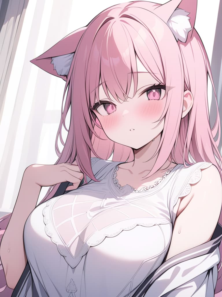  cat ears, cute, pink hair, pink eyes, heart and ribbon in the eyes, masterpiece, best quality,8k,ultra detailed,high resolution,an extremely delicate and beautiful,hyper detail