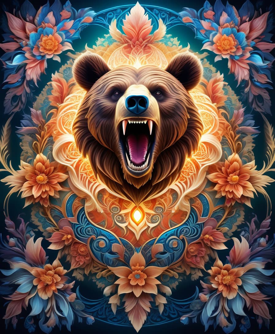  ethereal fantasy concept art of masterpiece, hdr 8k, digital image. conceptual art. (a bear with a bared mouth full of sharp fangs, appearing in ancient russian ethnic ornaments that make up a symmetrical mandala consisting of an endless forest, a wide flowing river and majestic mountains, the mandala is decorated with a fantastic ice pattern). abstract elements: stones, tree leaves, flowers. the effect of dissolving the natural shades of fur in sky waves. filigree finishes, mysterious neon glowing accents, intricate. stylization. neo rococo style. stylish, dynamic, atmospheric. background dissolving abstract patterns in the space:: vignetting:: complex ethnic ornament. mystery, fantasy surrealism. high detail. high quality. hdr. . magni