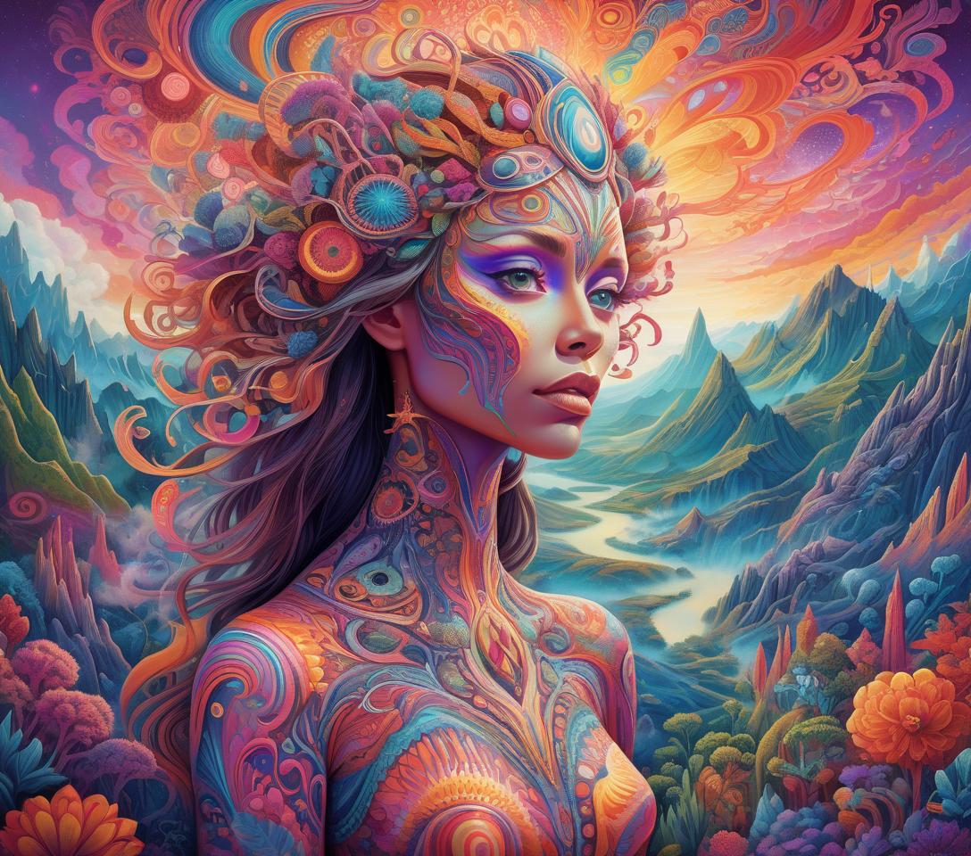  a psychedelic, visionary portrait of a woman with intricate, colorful facial features and patterns, set against a fantastical, surreal landscape with vibrant hues, organic shapes, and a dreamlike, ethereal quality. inspired by the styles of visionary artists, digital art, and psychedelic imagery. highly detailed, photorealistic, and cinematic in execution.