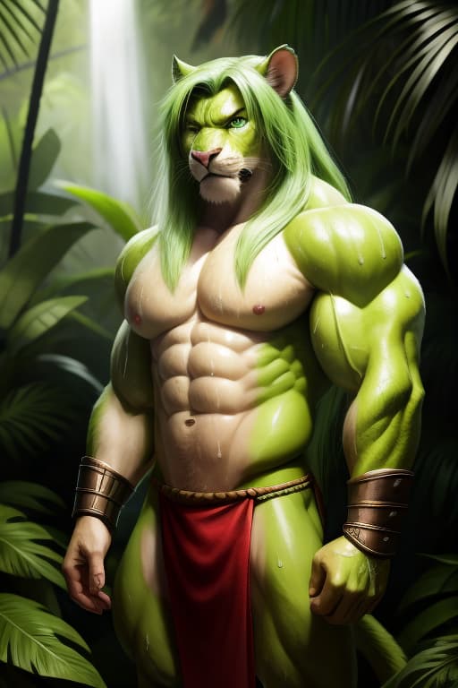  Cat Fursona, Male, Huge Muscles, Abs, Lime green fur, Lime Green long hair, Bright green eyes, Loin cloth, Wrist gauntlets, sweaty, dirty, Jungle, Angry stare., open eyes, masterpiece, 4k, fine details,