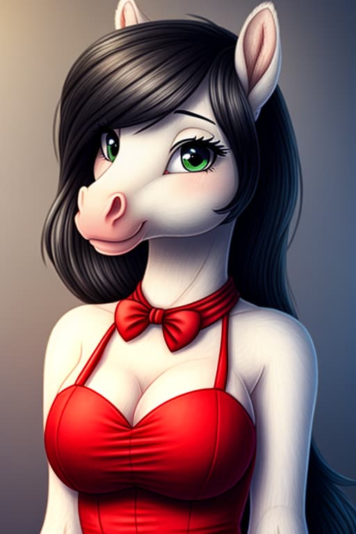  by Hioshiru, best quality, masterpiece, details, HDR, 4K, A female pony, female, (mammal, equine, equid), black hair, green eyes, detailed pupils, eyelashes, seductive eyes, perfect eyes, open eyes), anatomically correct, (red dress), front view, (A profil face of, smiling at viewer:1.2), (cute, smaller female:1.2), chubby, open eyes, digital art, masterpiece, 4k, fine details,