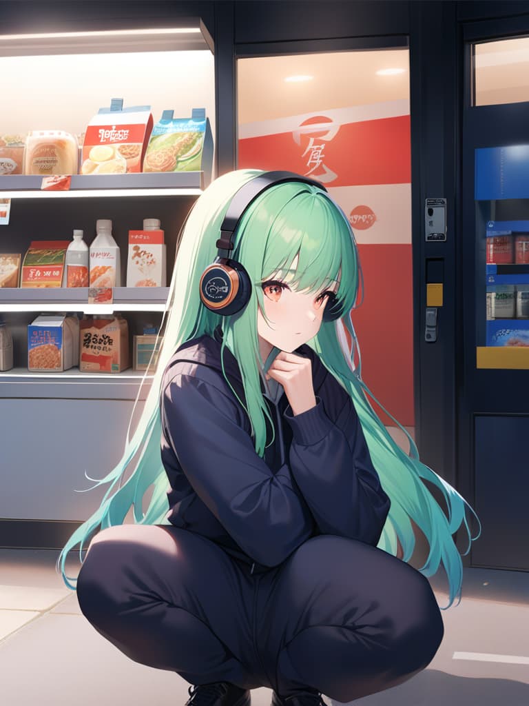  1girl,green hair,(((very long hair))),up angle,(((血眼))),(((headphone))),(((black jogging suits))),(((squatting:1.3))),(((outside the convenience store at night:1.5))),realistic