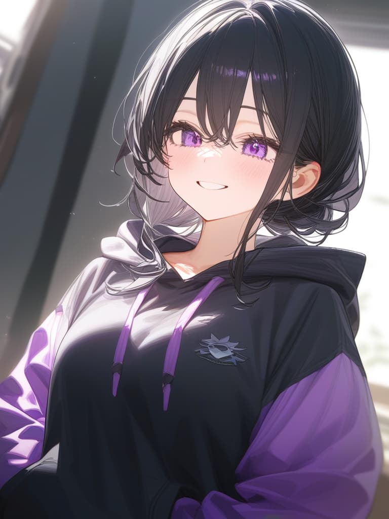  purple eyes, black hair long, pink mesh, smile, hoodie, masterpiece, best quality,8k,ultra detailed,high resolution,an extremely delicate and beautiful,hyper detail