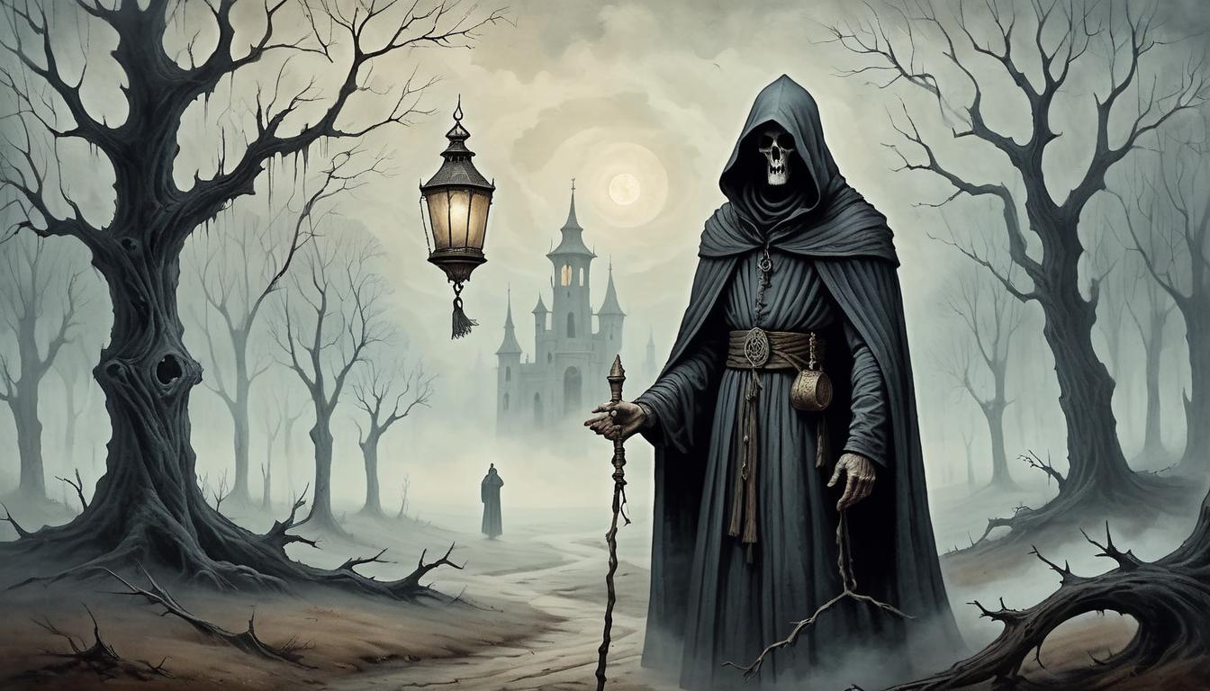  on parchment, surrealism+++, hooded figure holding an empty, ornate lantern, backdrop of withered trees and fog, air of spiritual void, atmosphere of desolation, eerie emptiness(mysterious, provocative, symbolic,muted color)+++