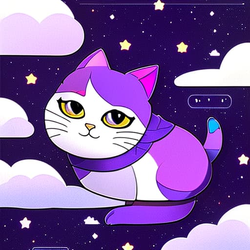  cat color of space, purple, mountains, clouds, animal, illustration, flat, vector, detailed.