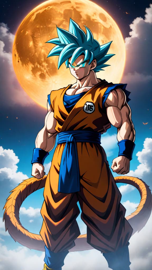  anime art saiyan with a tail transforming under the full moon, dragon ball, immense power, primal strength hyperrealistic, full body, detailed clothing, highly detailed, cinematic lighting, stunningly beautiful, intricate, sharp focus, f/1. 8, 85mm, (centered image composition), (professionally color graded), ((bright soft diffused light)), volumetric fog, trending on instagram, trending on tumblr, HDR 4K, 8K