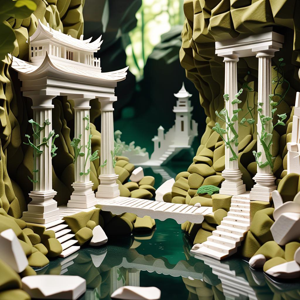  kirigami representation of a secret grotto with an underground narrow river with rocky banks. the water is transparent, crystal clear. there are several boulders and small pebbles on the bank. from one bank to the other there is a path of stones. on the other side of the river is a mysterious temple, the entrance to which is overgrown with moss and ivy. it is dilapidated, the antique white columns seem slightly greenish, with some marble crumbs lying around. . 3d, paper folding, paper cutting, japanese, intricate, symmetrical, precision, clean lines, hkmagic