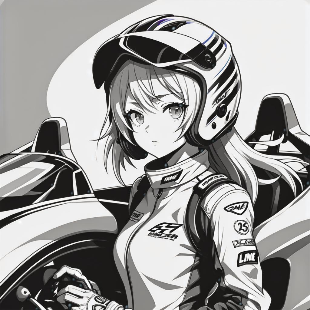  line art drawing car racer girl, same nightmare. anime style . professional, sleek, modern, minimalist, graphic, line art, vector graphics