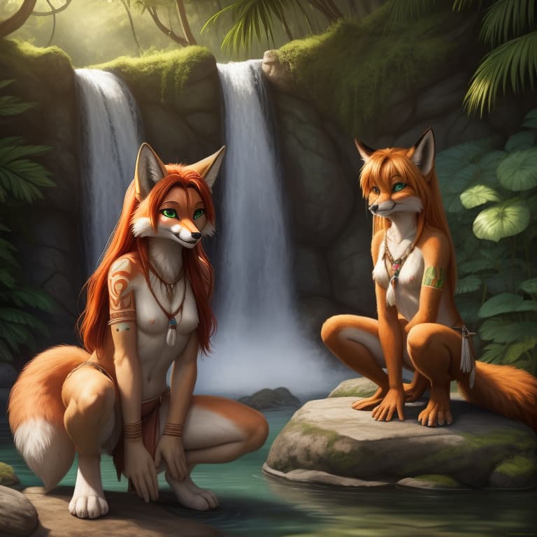  Fox, female, (((young))), (((short))),((())), (((flat ))), cute, green eyes, ((())), ((())), digitigrade , ((((anatomically correct)))), crouched, loin cloth, , tribal, jungle, waterfall, pond, beautiful, long hair, furred body, orange fur, orange hair, tribal markings, crotch, mother and , duo,, open eyes, digital art, masterpiece, 4k, fine details,