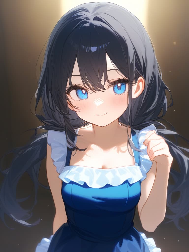  cute face focus,cute,black hair,light blue eyes,cute posing,frill onepiece,low twin tail