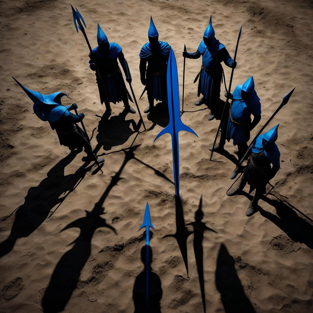  a blue spear poked into the ground, eight dark silhouettes, standing around the spear, the same