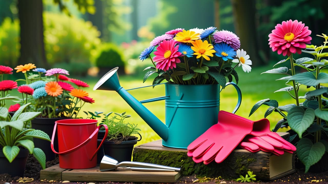  a vibrant garden scene showcasing essential tools for beginners: a colorful watering can, sturdy gloves, seed packets, a trowel, and a small potted plant, all surrounded by blooming flowers and rich green foliage. hyperrealistic, full body, detailed clothing, highly detailed, cinematic lighting, stunningly beautiful, intricate, sharp focus, f/1. 8, 85mm, (centered image composition), (professionally color graded), ((bright soft diffused light)), volumetric fog, trending on instagram, trending on tumblr, HDR 4K, 8K