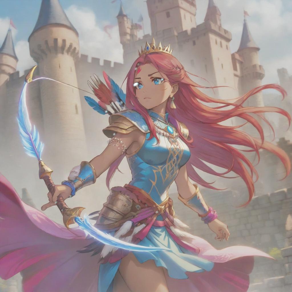  long exposure photo of portrait of strong rage amazonas queen archer. blue eye. long red hair. tilting head down, magenta mantle, shoulder pad feather, accessory necklace with pearls on the forehead, against the background of the castle siege . blurred motion, streaks of light, surreal, dreamy, ghosting effect, highly detailed, sticker, hkmagic