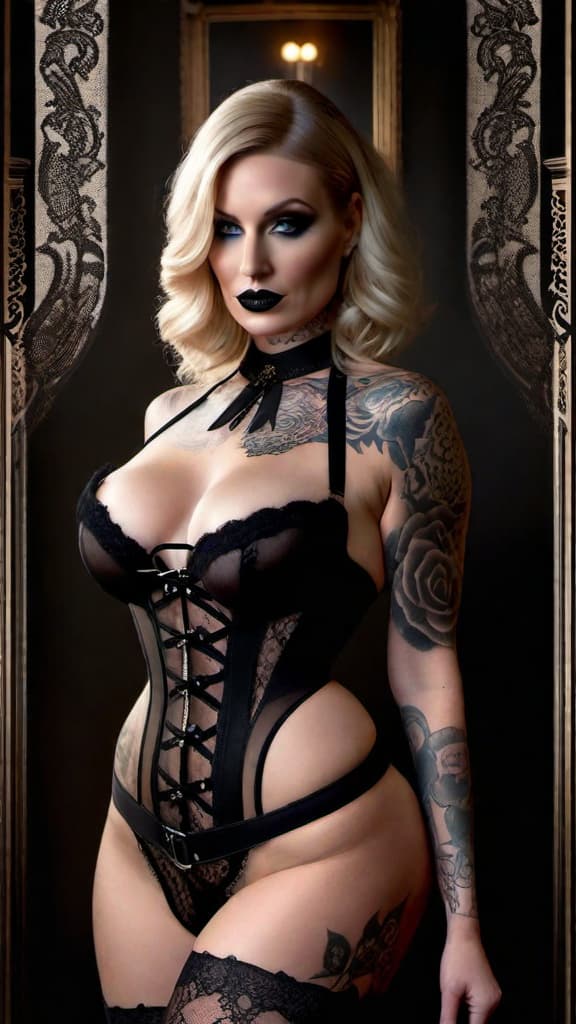  a beautiful gothic style woman slave 40 , wide hips, perfect s, , intricate detailed wavy blonde hair, stunning blue eyes, slight freckles on her face, tattoos covering both arms, tattoo on her that says owned, wearing black collar with large metal o ring, black bustier corset with s and s , black lace garter belt and matching thigh high stockings, dark bat room background. photorealism, masterpiece, hyperrealistic, gothic, dark art. in the style of robert mapplethorpe, in the style of rawl paredes. 8k ultra, highly detailed and sharp focus. moody, gothic, macabre, dark. black, bottle green, quartz grey. backlight lighting hyperrealistic, full body, detailed clothing, highly detailed, cinematic lighting, stunningly beautiful, intricate, sharp focus, f/1. 8, 85mm, (centered image composition), (professionally color graded), ((bright soft diffused light)), volumetric fog, trending on instagram, trending on tumblr, HDR 4K, 8K