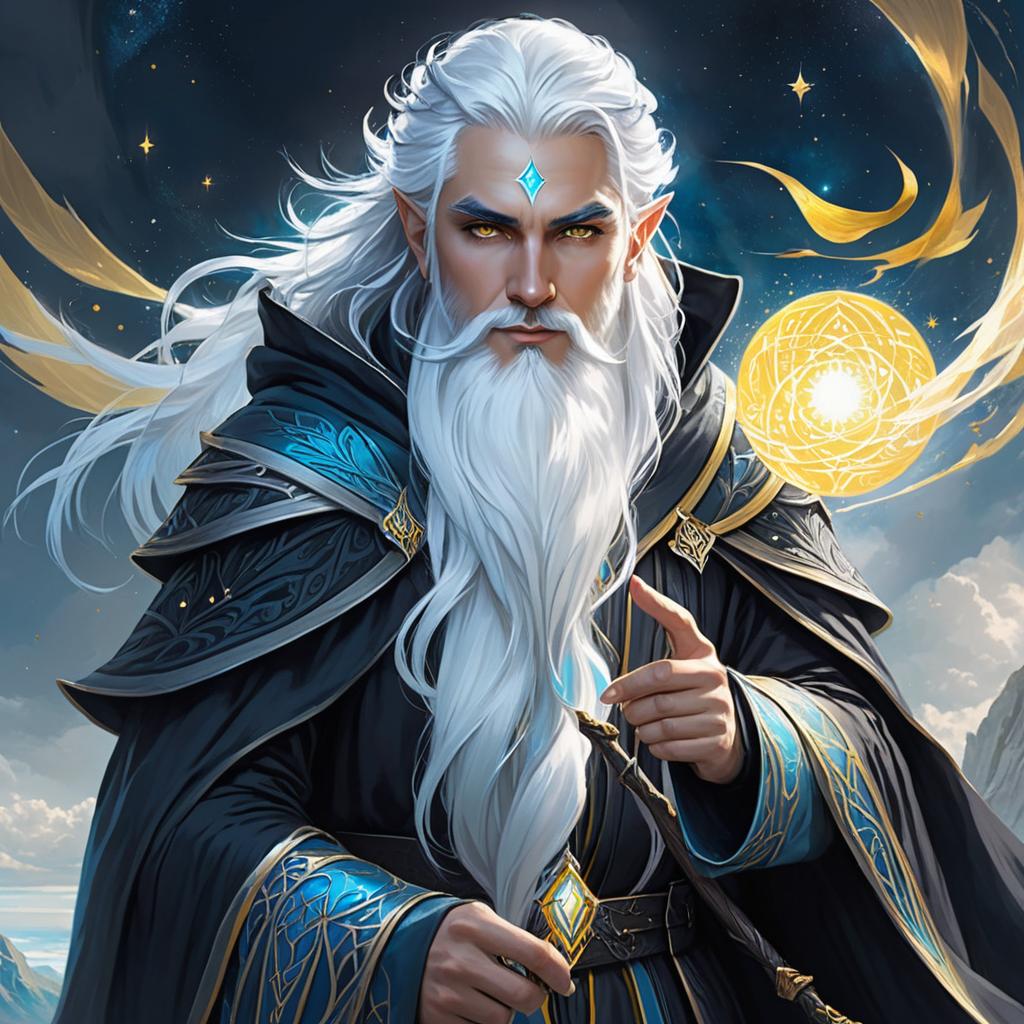  ethereal fantasy concept art of a half elf wizard with a black cloak with sky blue and silver accents with yellow eyes and white hair. magnificent, celestial, ethereal, painterly, epic, majestic, magical, fantasy art, cover art, dreamy