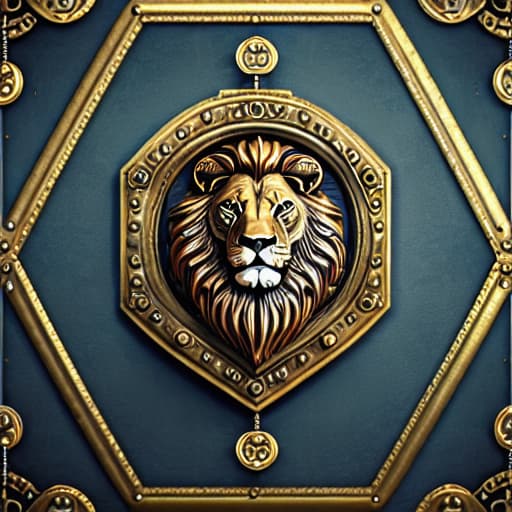  Steampunk background with a highly detailed realistic lion roaring. The lion is wearing body armour which is futuristic in style and he holds a staff with three prongs at the end made of gold and with some diamonds encrusted on the handle