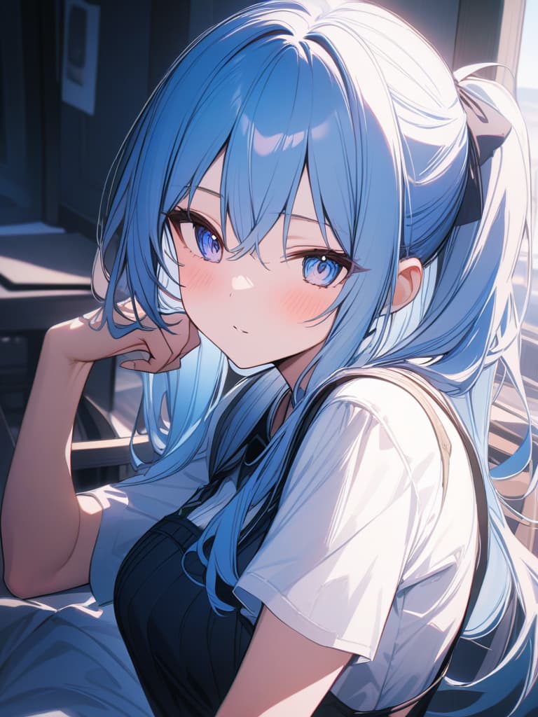  beautiful girl, light blue hair character, ponytail, moe sleeve, masterpiece, best quality,8k,ultra detailed,high resolution,an extremely delicate and beautiful,hyper detail