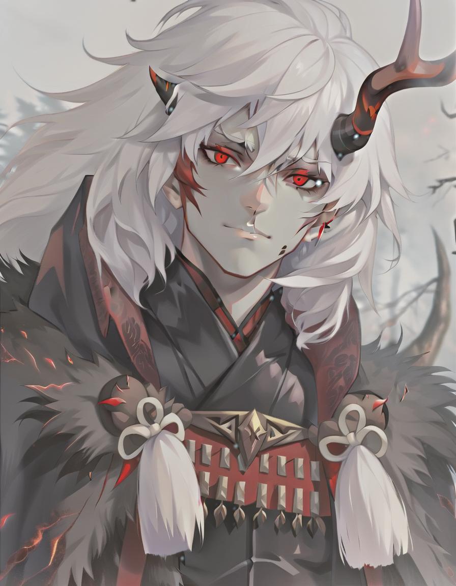  man demon, white skin, black eyes, white hair, red horns, black fur coat, dense forest in the background