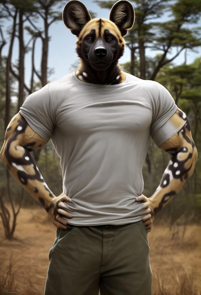  anthro, african wild dog, male, adult, veiny muscles, muscular, pants, t shirt, hands on hips, smirk, realistic fur, detailed background, wilderness background, hyper realism, RAW photo, (realism, photorealistic:1.3), detailed, hi res,