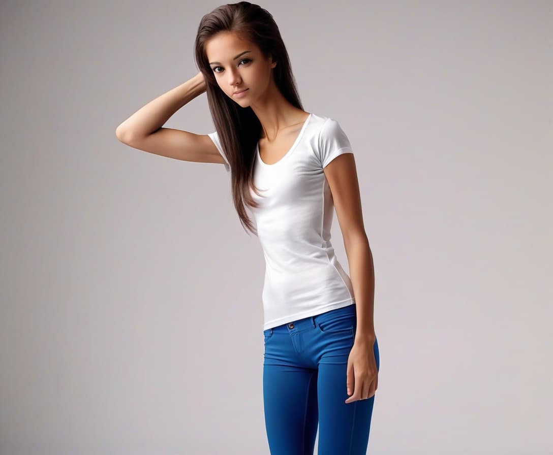  , , young skinny women, athletic body, gigantic , natural , s, the is bent at a right angle, a spacious t shirt is hanging down, bare s are visible in the neckline