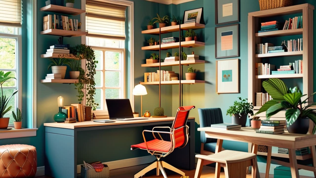  a bright home office with a sleek desk, ergonomic chair, lush potted plants, organized shelves, a stylish desk lamp, and a cozy reading nook, all in a harmonious color palette of soft blues and warm neutrals. hyperrealistic, full body, detailed clothing, highly detailed, cinematic lighting, stunningly beautiful, intricate, sharp focus, f/1. 8, 85mm, (centered image composition), (professionally color graded), ((bright soft diffused light)), volumetric fog, trending on instagram, trending on tumblr, HDR 4K, 8K