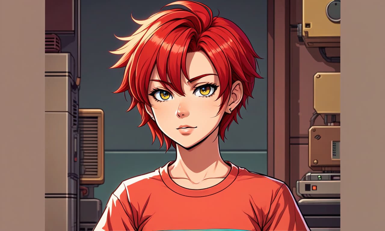  retro game art portrait , beautiful anime , with red hair, beautiful eyes, tight t shirt , high , short haircut . 16 bit, vint colors, pixelated, nostalgic, charming, fun