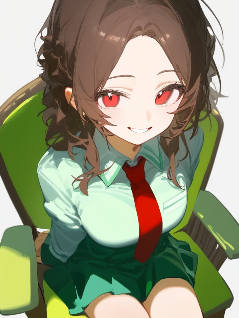  my hero academia hagakure tohru clothing collared shirt (green color :1.5) tie neckwear pleated red tie (((red necktie:1.5))) uniform shirt u.a. high uniform uniform white shirt woman bright red eyes dark brown hair messy (dark brown mullet hairstyle:1.8) hair long bangs eyes half hidden by bangs smiling looking at camera open mouth open mouthed smile smiling standing (((small s:1.5))) (((sitting on a chair:1.3))) (((very smile:1.5))) one woman alone eyelashes unusually visible simple background white background high resolution very high resolution