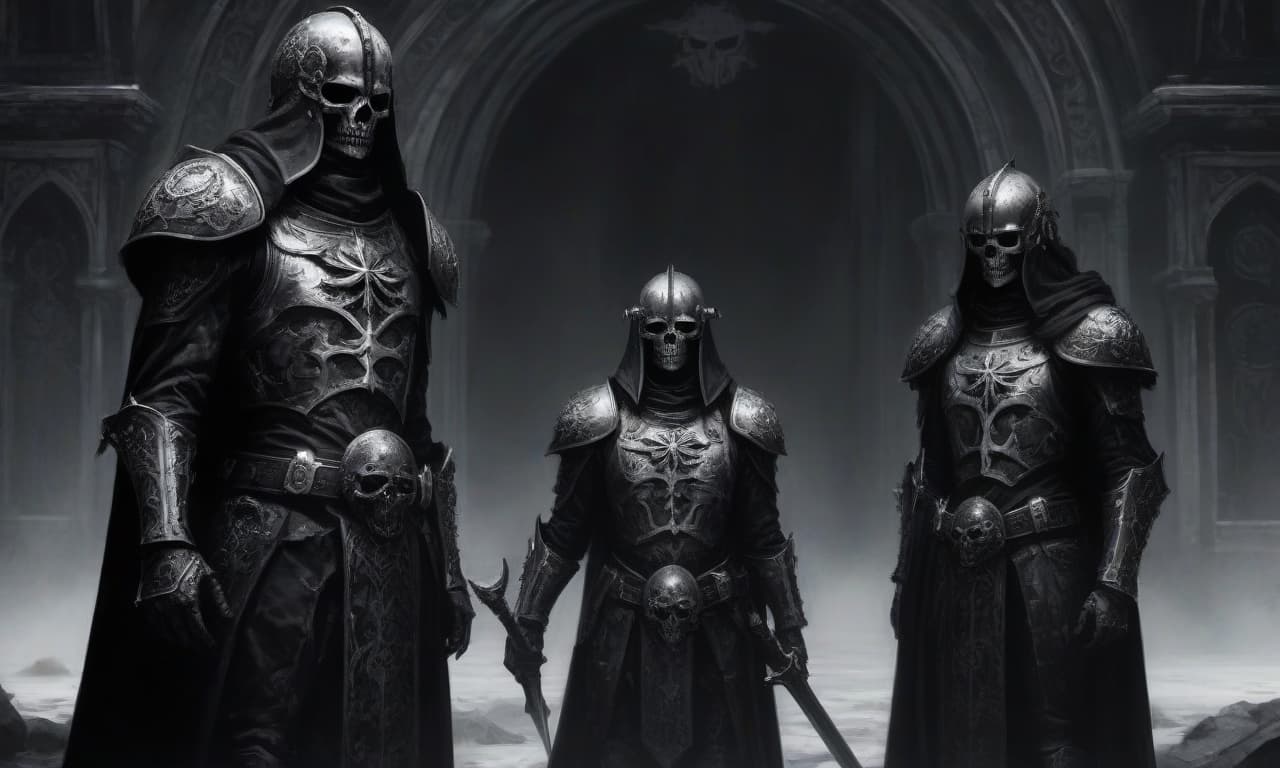  horror themed draw in black white style. the legion of the sons of night, an elite unit of knights, in a black dark universe of horrors, in iron armor with black cloaks, on their shoulder pads on the left is an engraved iron lion, and on the right is a white iron cross, their helmet slightly resembles images of an iron skull. several of these knights stand in a circle, in a black temple. . eerie, unsettling, dark, spooky, suspenseful, grim, highly detailed