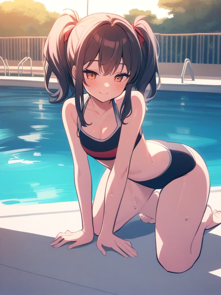  junior high s, twin tails, cute smiles, swimwear, s with , , man (bulging,), whole body, pool side,