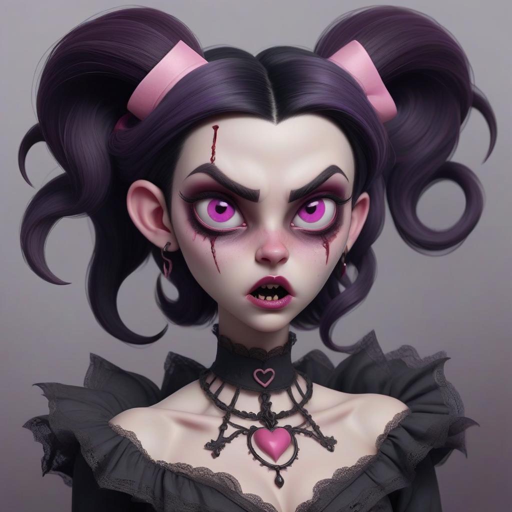  macabre style slender, pale pink skin, gray purple eyes, bright pink heart shaped mole under the left eye, maroon brows, pointed ears, sharp fangs, black hair with pink strands, hair in two tails, full height, victorian style. . dark, gothic, grim, haunting, highly detailed