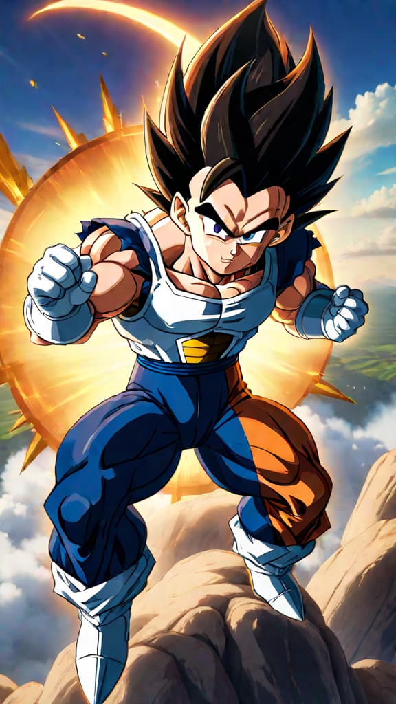  dragon ball z: vegeta mastering ultra instinct, blending pride with serene combat, reaching new heights. hyperrealistic, full body, detailed clothing, highly detailed, cinematic lighting, stunningly beautiful, intricate, sharp focus, f/1. 8, 85mm, (centered image composition), (professionally color graded), ((bright soft diffused light)), volumetric fog, trending on instagram, trending on tumblr, HDR 4K, 8K