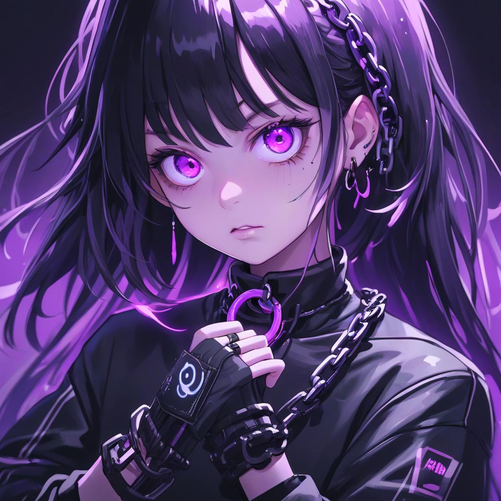  a close up of a person holding a chain, cyberpunk art, inspired by jin homura, trending on deviantart, shock art, glowing purple, discord profile picture, ( ( dithered ) ), nanogirl