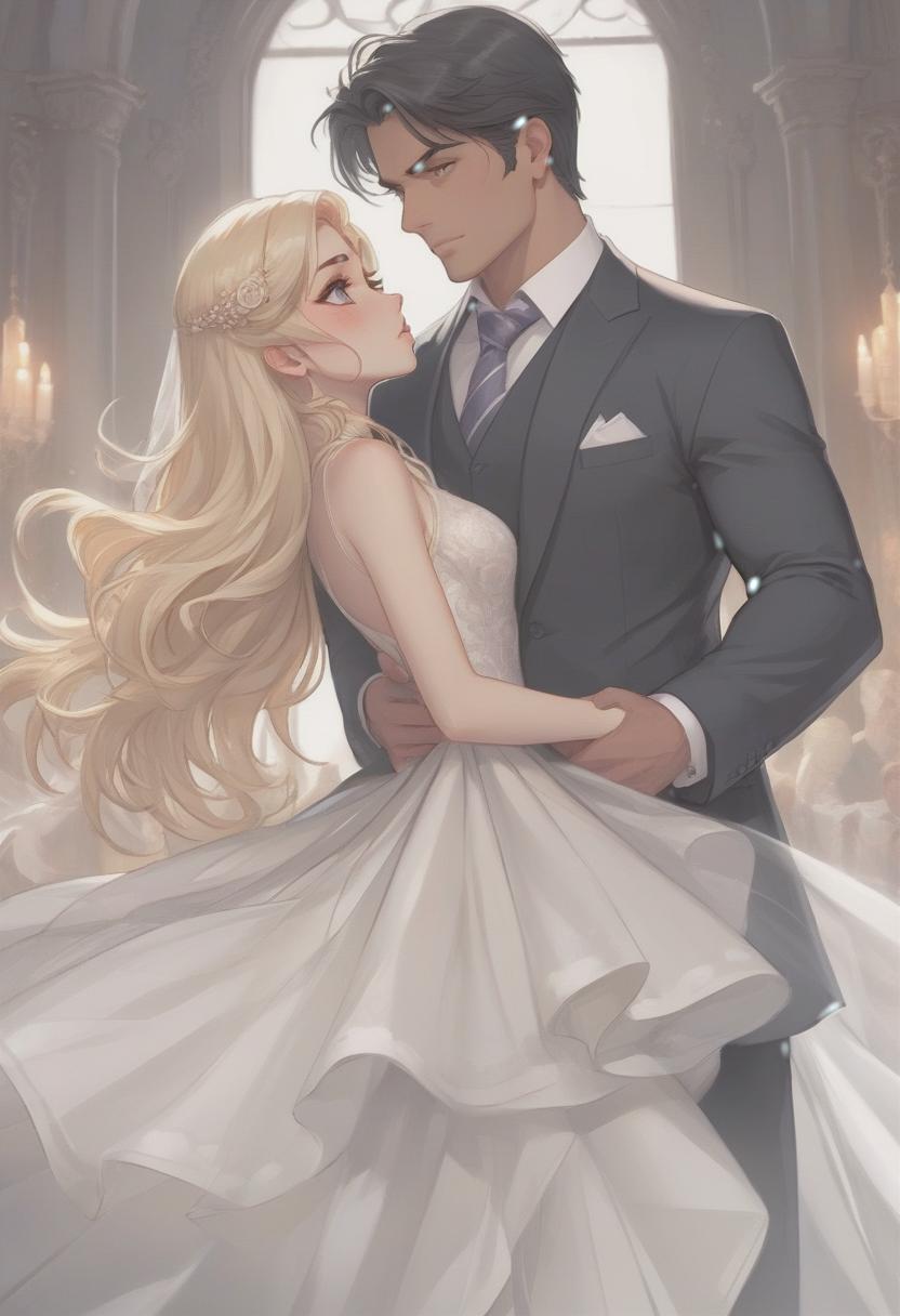  the cover of a romantic book in a modern style. a house is depicted in the background. 1 handsome man, tall, muscular, angry, dressed in a business suit, standing tall. there is 1 girl standing behind the man in a luxurious wedding dress and veil, she stands tall, she has big eyes, kawaii style. the man has black hair, the girl has blonde hair. very clear lines, ((drawn lines)). high detail, 8k, rich, sophisticated, cinematic, atmospheric. edmund blair and charlie bowater, graphics by magali villeneuve, classics of digital art in the fantasy genre by charlie bowater and mark brooks