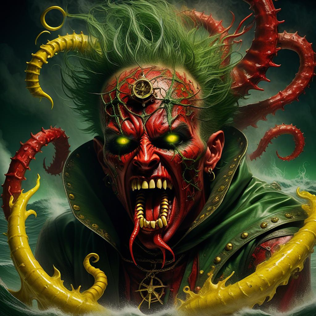  nautical themed demon hellraiser bloodsucker demon vampire pretends to be a saint wrapped in red rag wound strewn with spines blades mucus in yellow and green smoke fire and sparks tentacle ring claws scream and horror . sea, ocean, ships, maritime, beach, marine life, highly detailed