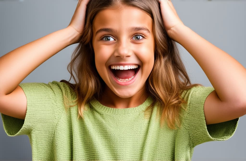  young excited smiling happy girl surprised and holding her head. mindlown expression ar 3:2, (natural skin texture), highly detailed face, depth of field, hyperrealism, soft light, muted colors